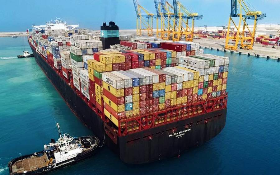Container ship loading at port